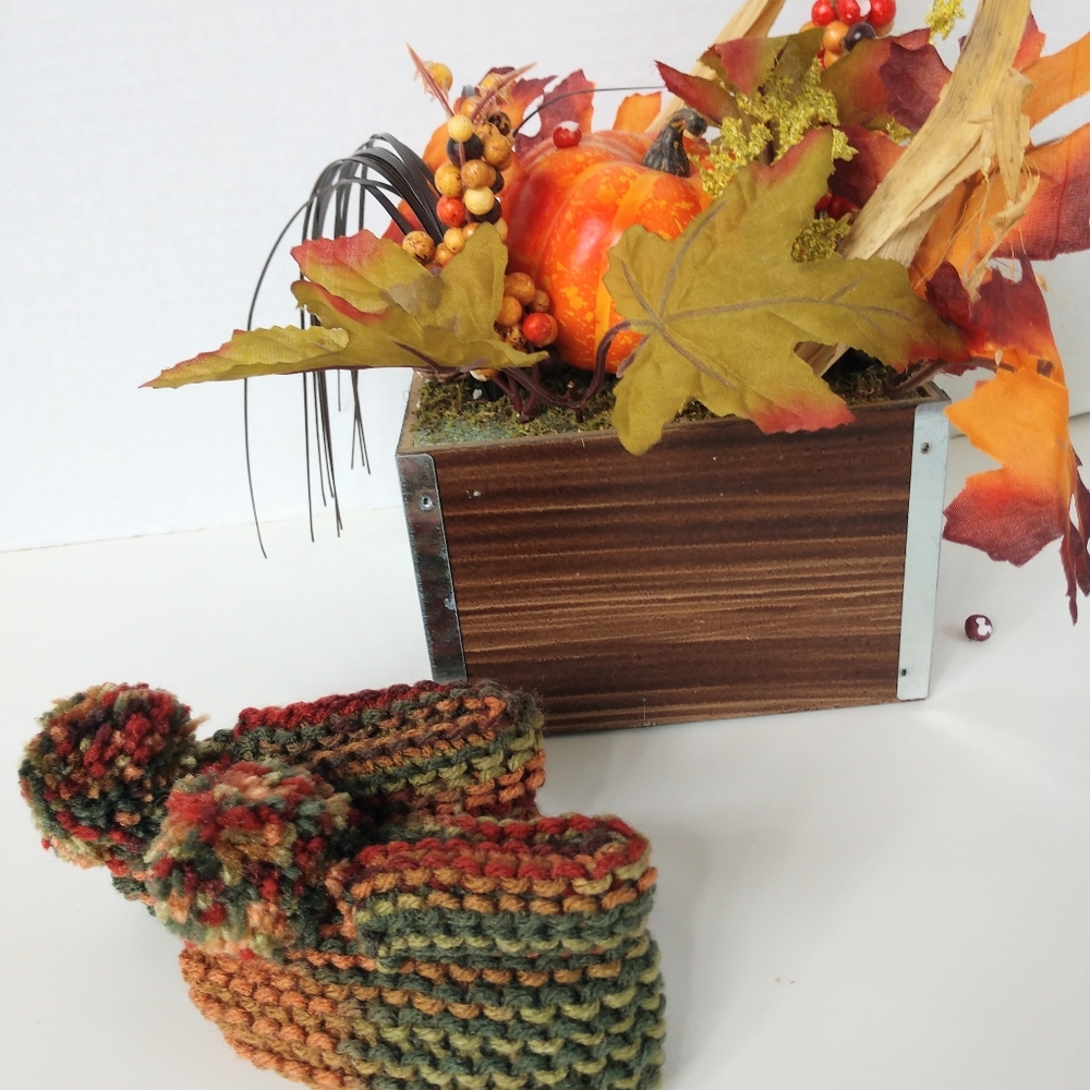 Hand Crafted Baby Slippers Boots Shoes Pompom Knit Browns Greens Orange Fall - Picture 4 of 11